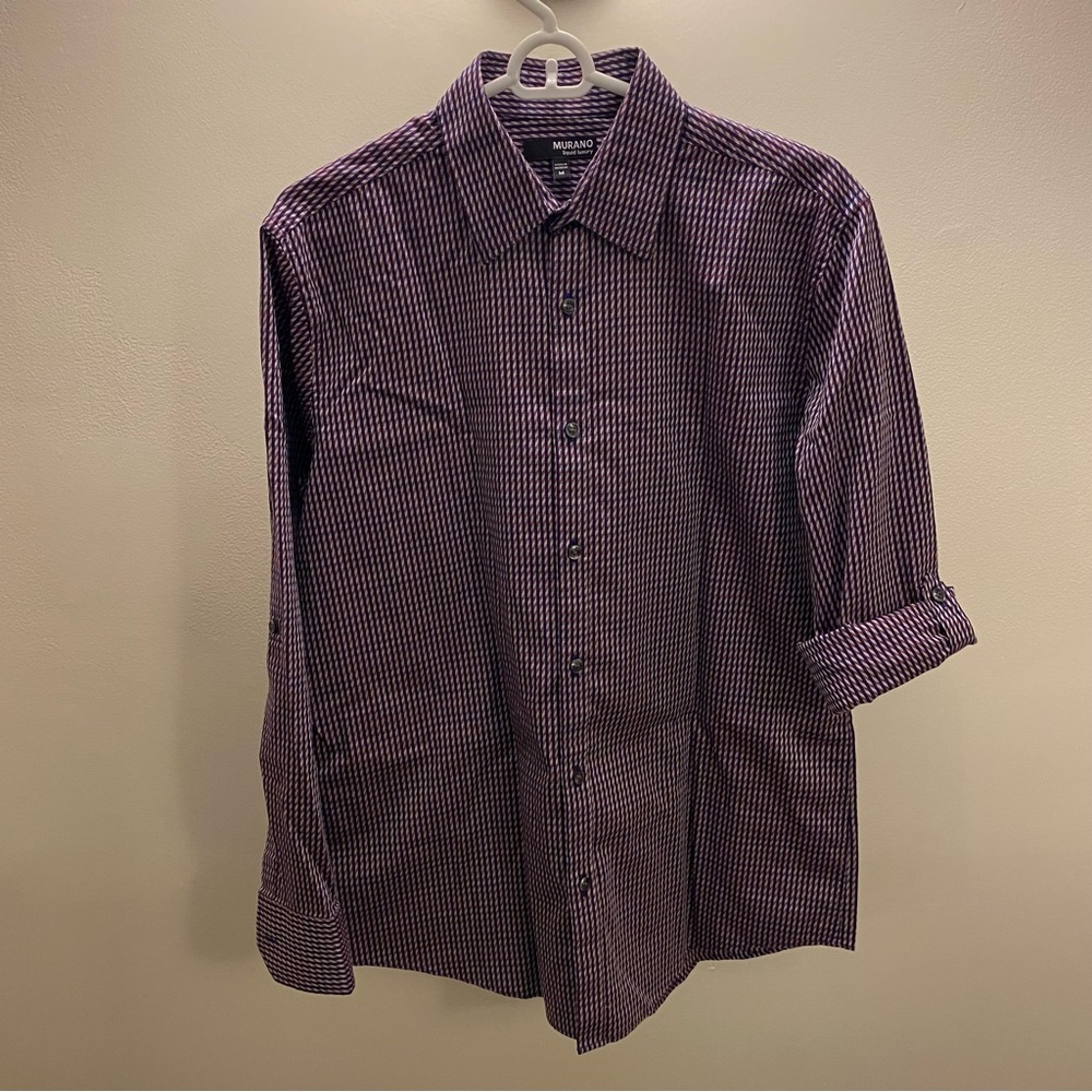 Murano Liquid Luxury Slim Fit Geometric Print Roll Tab Sleeve Dress Shirt M